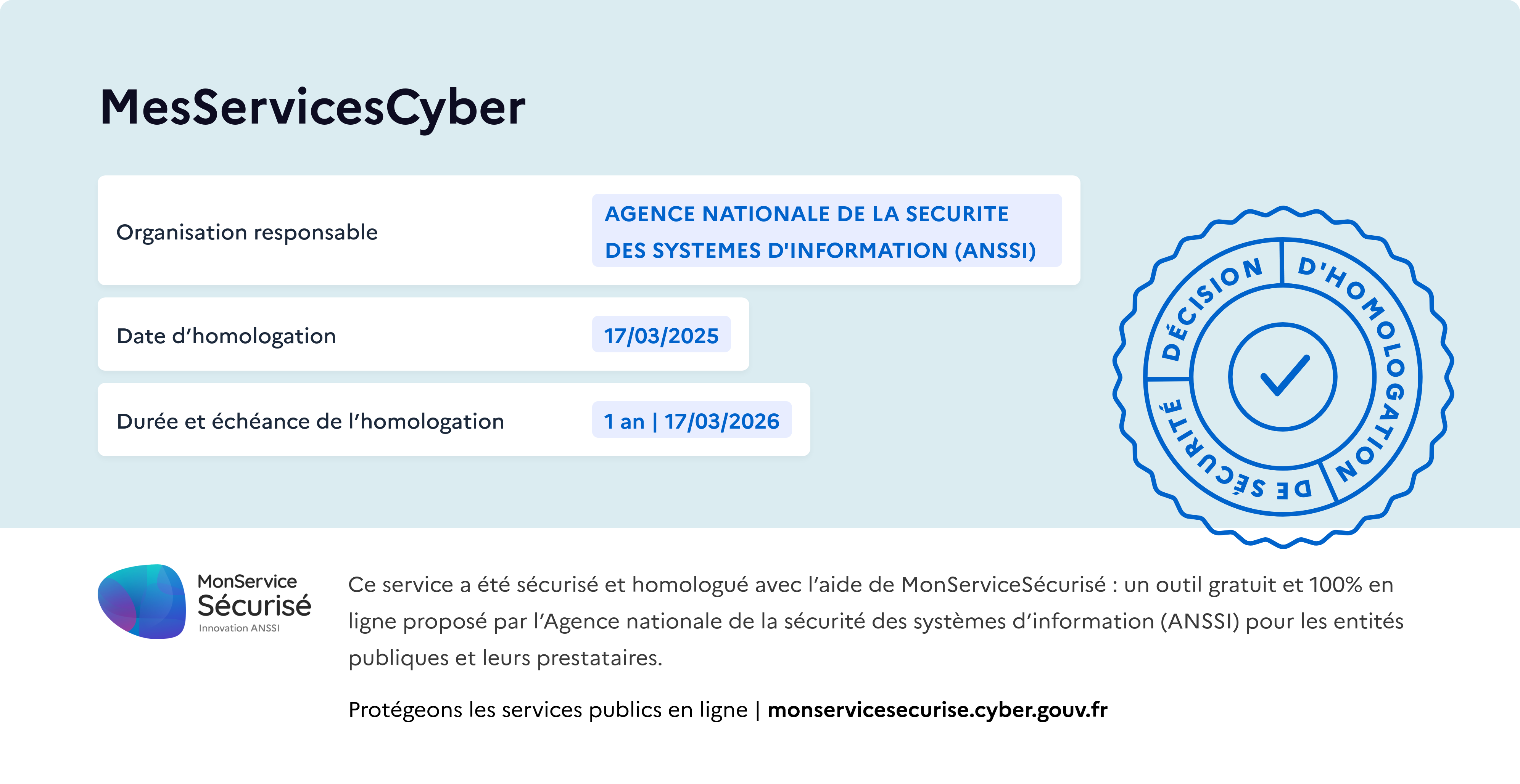 Encart d'homologation de MesServicesCyber