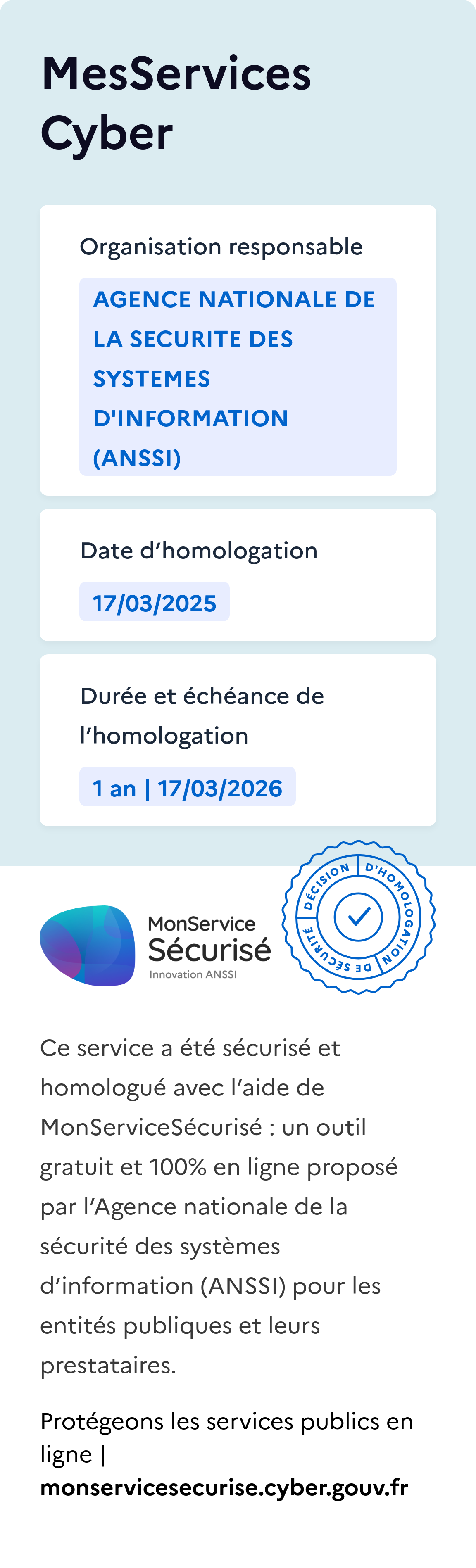 Encart d'homologation de MesServicesCyber